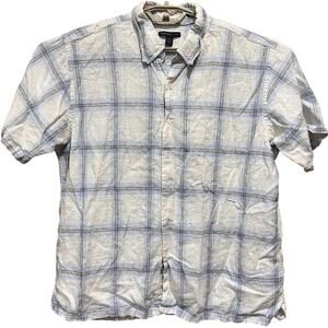 Van Heusen Linen Rayon Shirt XL Blue White Plaid Button Up Short Sleeves STAINS
